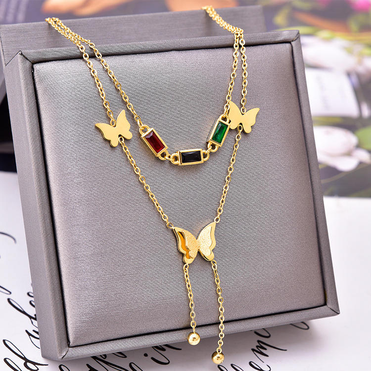 Butterfly & Wine Red Rhinestone Stack Pendant