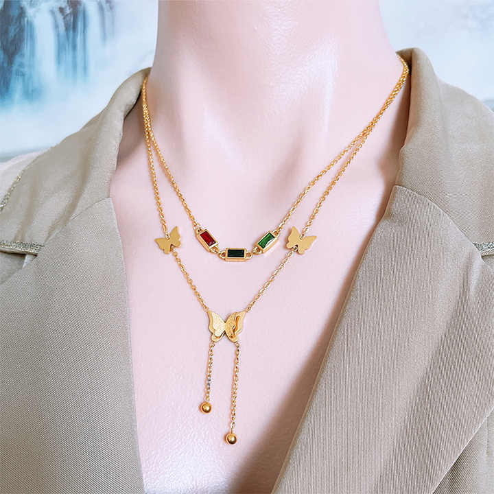 Butterfly & Wine Red Rhinestone Stack Pendant