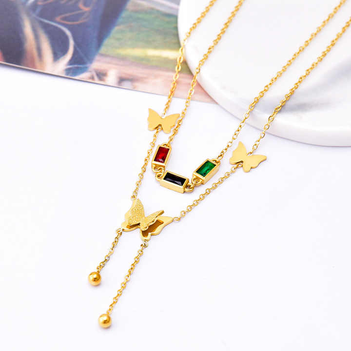 Butterfly & Wine Red Rhinestone Stack Pendant